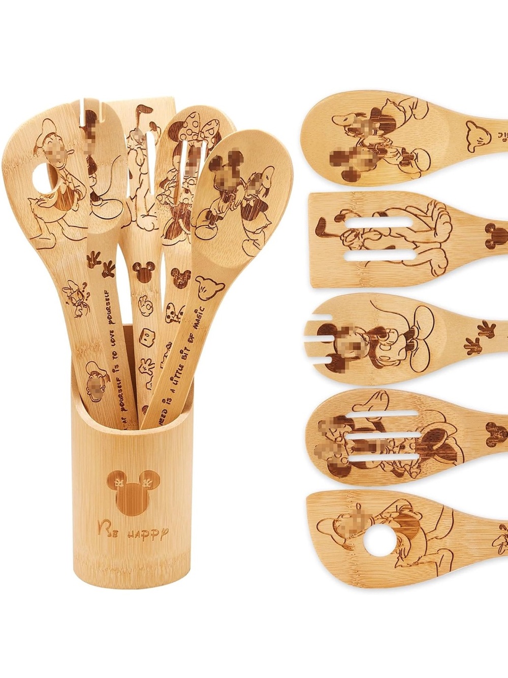 Bamboo Kitchen Utensil Set with Character Engravings - Natural Wood